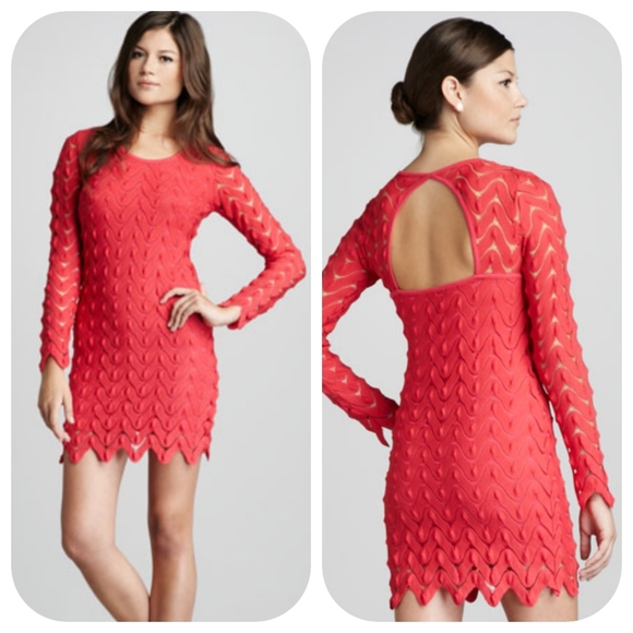 Free People Long Sleeve Scoop Cutout Back Lace Crochet Fitted Dress Pink M - Picture 2 of 8